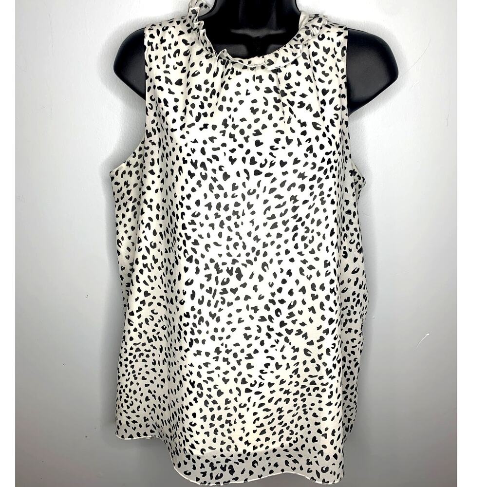 Ruffle Mock Neck Mixed Media Shell Blouse Black & White Sleeveless Women's Med